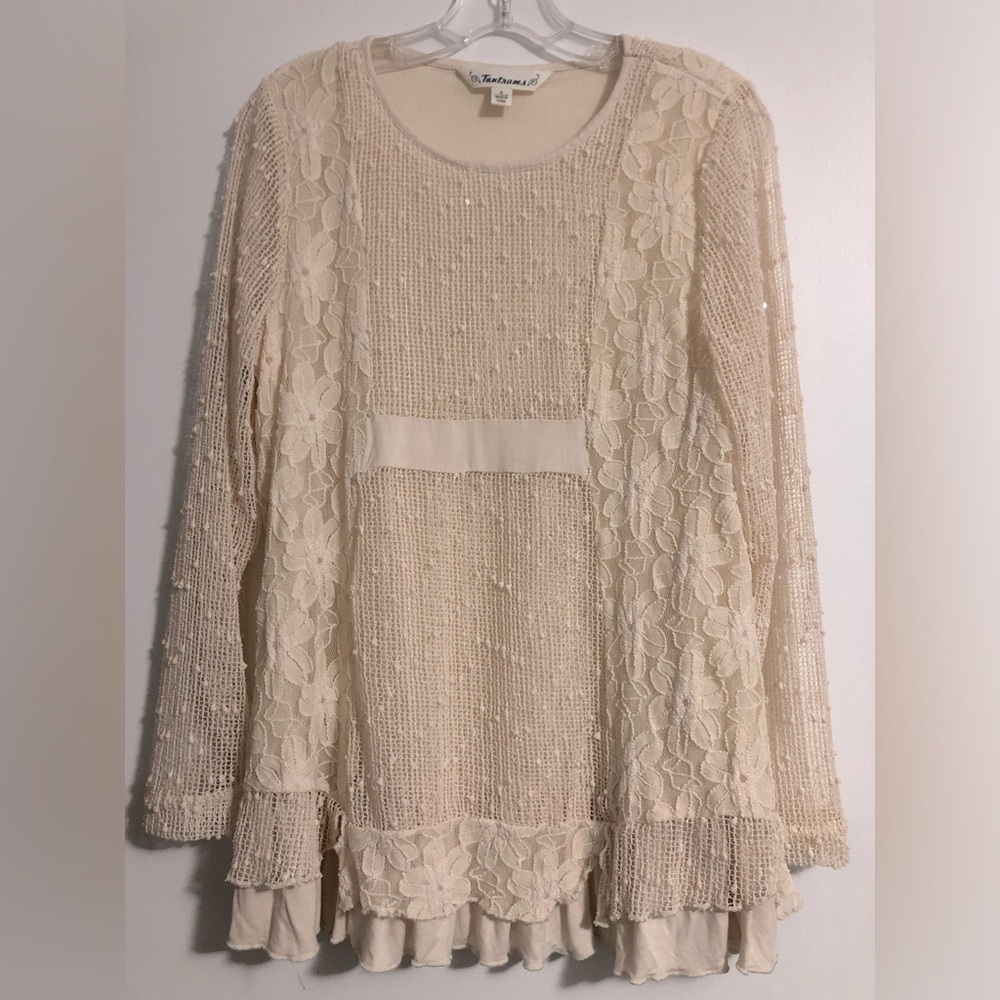 Tantrums Lace RUFFLE Bottom CREAM Tunic TOP Sequins Long Slv  washable EUC